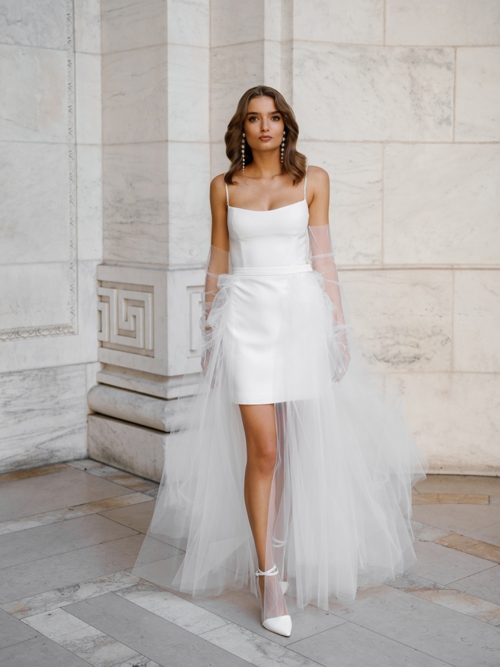 White Spaghetti-Strap Mini Dress with removable tulle skirt. Made to measure